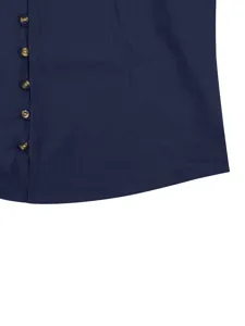 Men casual shirt button detail close up, navy blue fabric with tortoiseshell buttons.
