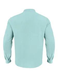 Men's casual linen long sleeve mandarin collar beach shirt back detail view in light blue
