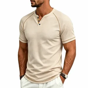Men's waffle knit henley t-shirt with short raglan sleeves, contrast details and casual fit.
