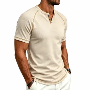 Men's waffle knit short sleeve henley t-shirt casual summer top breathable solid color
