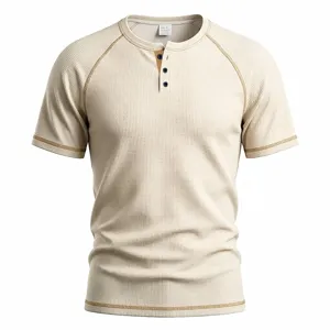 Close-up of men's waffle knit short sleeve henley shirt with contrast stitching details.