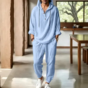 Men's Summer Casual Linen Hooded Two-Piece Set Breathable Beach Wear Long Pants Outfit