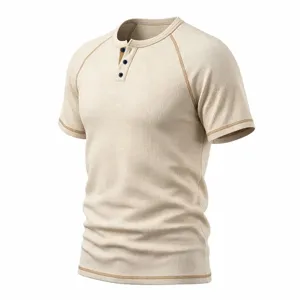 Men's waffle knit short sleeve Henley shirt featuring raglan sleeves and contrast button placket.
