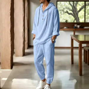 Detail view of men's casual linen hooded two-piece set in light blue, breathable fit.