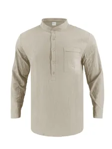 Close up details of men's casual long sleeve linen stand collar shirt with chest pocket.