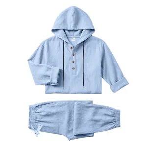 Men's casual linen hooded long sleeve top and pants set for summer beach and home wear.