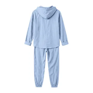 Back view details of mens light blue casual hooded long sleeve top and trousers set.