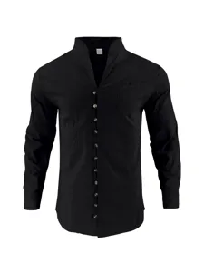 Men's long sleeve black linen blend henley shirt detail view with button closure and chest pocket.
