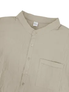 Men casual linen blend long sleeve shirt collar and front button detail close-up view
