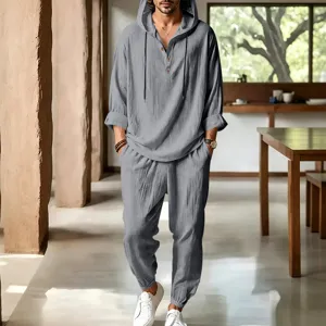 Men's casual linen hooded two piece set summer loose breathable beach outfit long pants