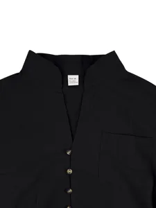 Men casual long sleeve shirt detail, mandarin collar, black linen blend fabric with pocket.