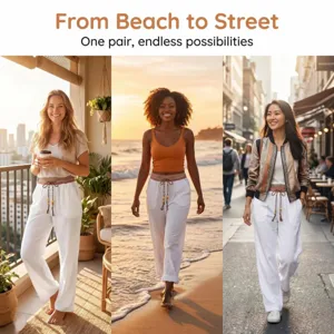 Lifestyle detail showcasing comfortable linen trousers featuring stylish ethnic waistband outdoors.