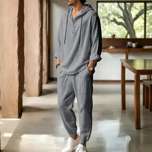 Men casual linen hooded long sleeve shirt and pants set detail view showing fabric texture.