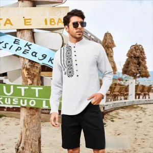 Men stylish long sleeve mandarin collar printed casual shirt for spring and autumn
