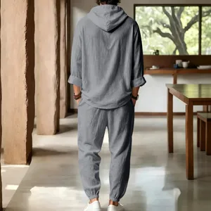 Back view detail of mens casual linen hooded two-piece set, breathable summer beach lounge outfit.