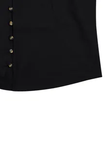 Detail view of men casual black long sleeve shirt button placket curved hem fashion design