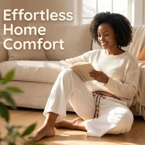 Cozy home lifestyle detail showing comfortable casual trousers in a warm interior setting.