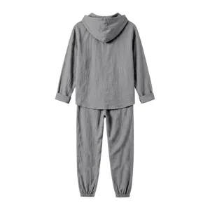Mens casual linen hooded long sleeve top and pants set breathable summer loungewear outfit.