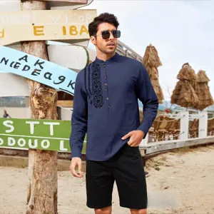 Men's long sleeve mandarin collar shirt with chest print casual top spring fashion wear