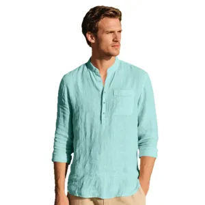 Men's casual linen long sleeve mandarin collar beach shirt breathable summer top