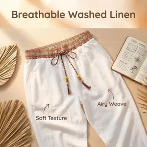 Mens casual loose linen trousers with ethnic contrast waistband, breathable beach long pants.