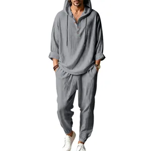 Men's Casual Linen Hooded Long Sleeve Shirt and Pants Set Summer Breathable Beach Outfit