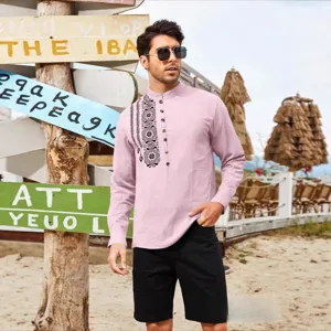 Men long sleeve mandarin collar shirt with front embroidery and multi-button closure detail.