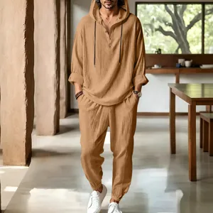 Men casual linen hooded henley shirt and long pants set summer beach breathable outfit.