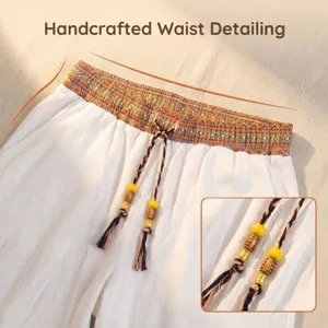 Men casual linen trousers detail ethnic waistband handcrafted drawstring beach holiday wear