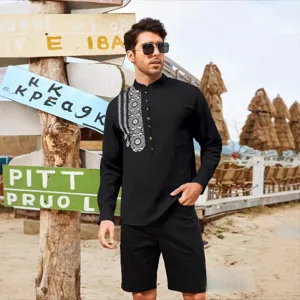 Men black long sleeve mandarin collar shirt with white ethnic embroidery and matching shorts set.