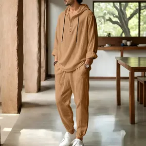 Detail view of men's casual linen hooded shirt and joggers set, breathable fabric.