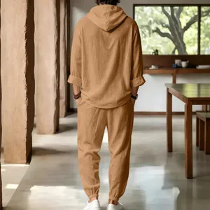 Men's casual linen hooded set loungewear breathable beach two-piece outfit for summer