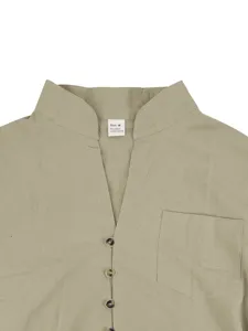 Close-up detail of men linen blend casual long sleeve shirt collar pocket fabric.