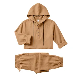 Men's casual linen hooded shirt and pants set detail, breathable fabric with buttons and drawstring.