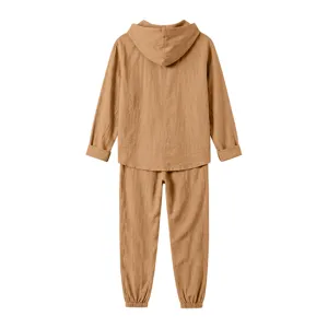 Men's casual linen-like hooded long sleeve top and long pants set back view detail.