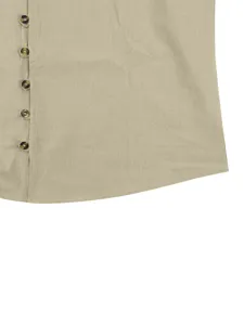 Men's casual long sleeve shirt button placket and curved hem detail close-up view.