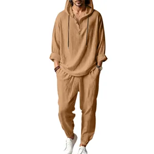 Men casual linen hooded top and pants detail view, breathable summer beach loungewear.