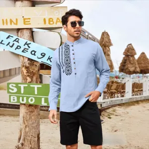 Men Casual Shirt Stand Collar Long Sleeve Printed Slub Fabric Loose Fit Top For Daily Vacation Solid Color Multi Button Henley Shirt