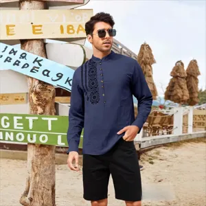 Men long sleeve casual shirt stand collar embroidered vintage slim fit stylish upper garment