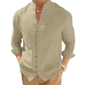 Men casual long sleeve linen shirt with stand collar and front buttons for daily wear.