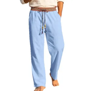 Men's casual light blue linen trousers with ethnic waistband and drawstring for summer beach daily use.