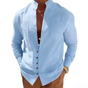 Men casual long sleeve linen shirt mandarin collar summer button down solid color top