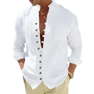 Men's Summer Casual Linen Long Sleeve Button Down Shirt White Breathable Top Clothing