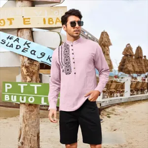 Men's long sleeve mandarin collar casual shirt with black embroidery for spring wear.