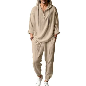 Men linen two piece set casual hooded long sleeve shirt drawstring pants beach wear