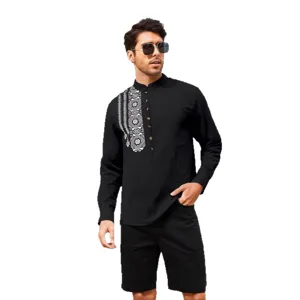 Men's casual long sleeve mandarin collar shirt featuring ethnic embroidery and buttons.