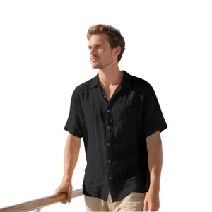 Camisa de lino negra de manga corta para hombre casual de verano para playa con bolsillo