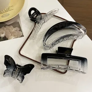 Large gradient hair claw clips set, translucent black and white shark clips for hair updo.