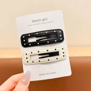 Leather polka dot hair clips set, elegant side bangs clip and snap hair barrette for women.