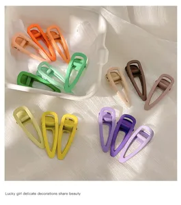 Candy color matte drop hair clip detail shot, sweet duckbill hairpin for side bangs daily wear.